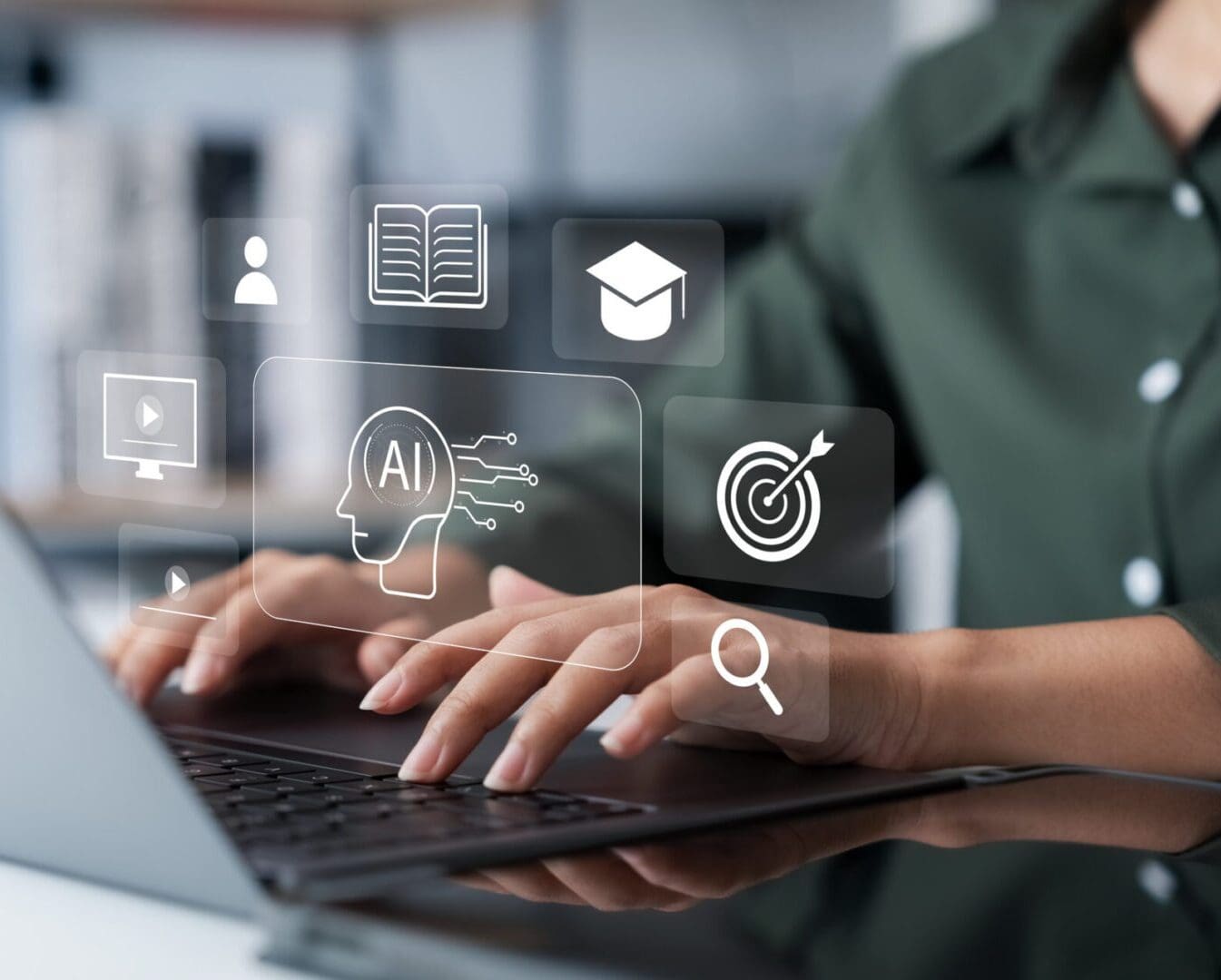 Person typing on a laptop with AI and education icons floating above.