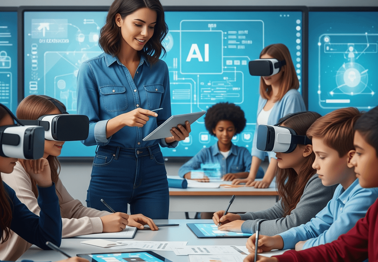 A woman teaches AI concepts to students using tablets and VR headsets.