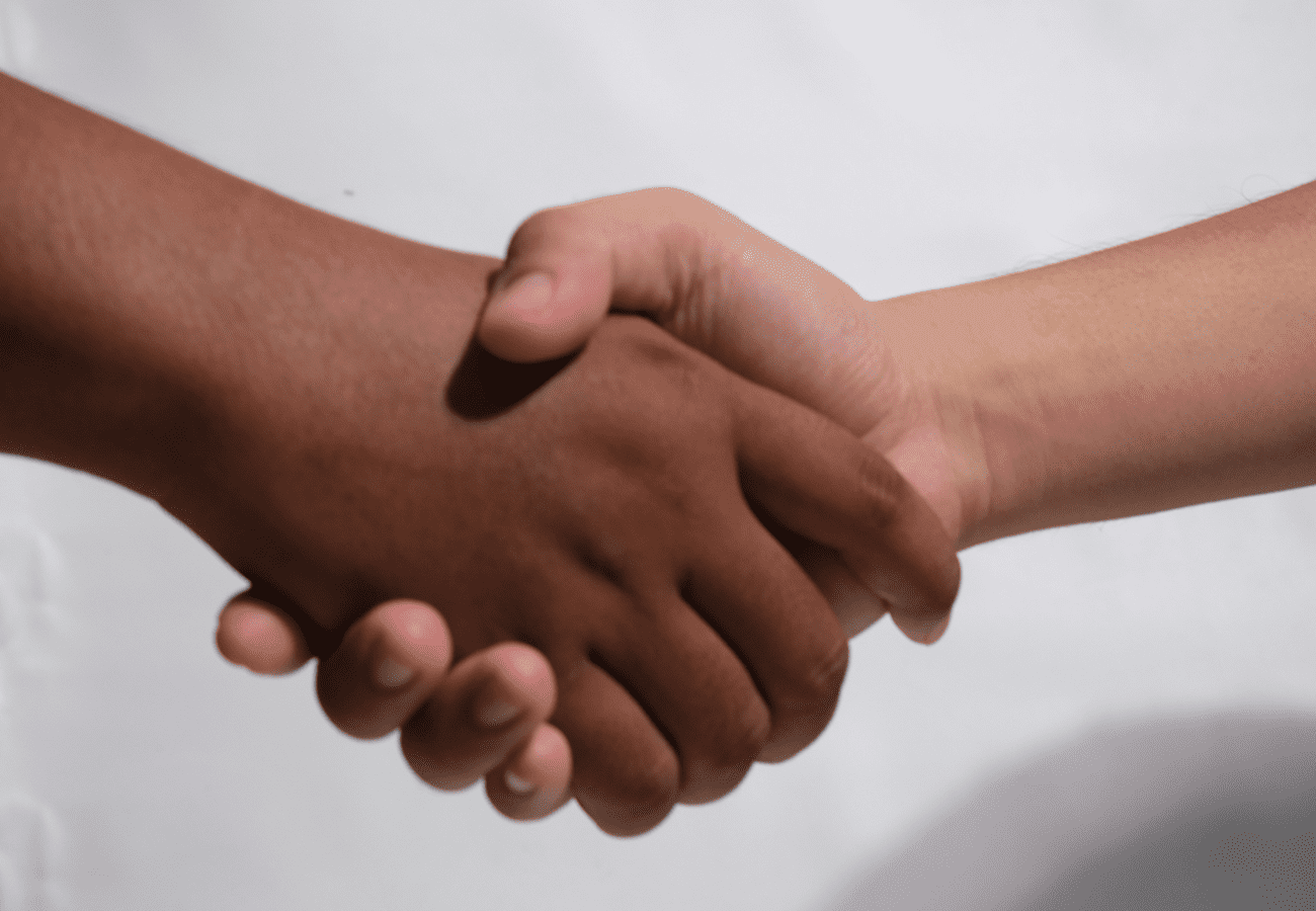 Two hands of different skin tones shaking in a handshake.