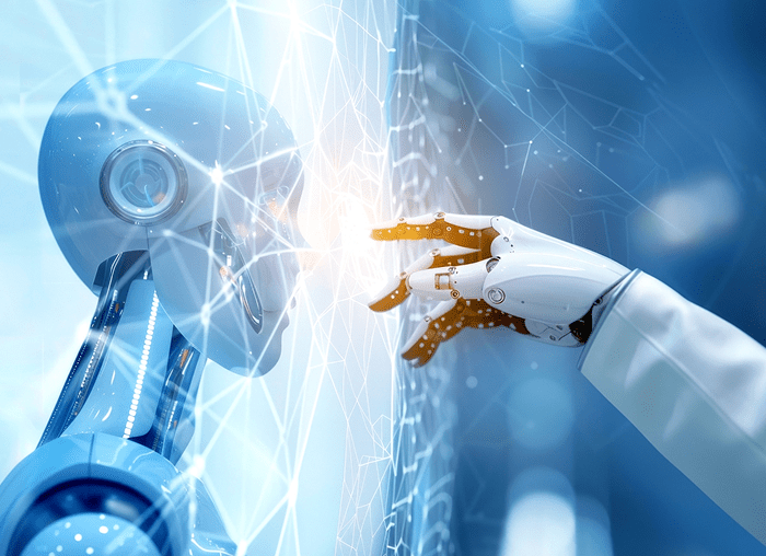 A robotic hand reaching out to a transparent digital human face.