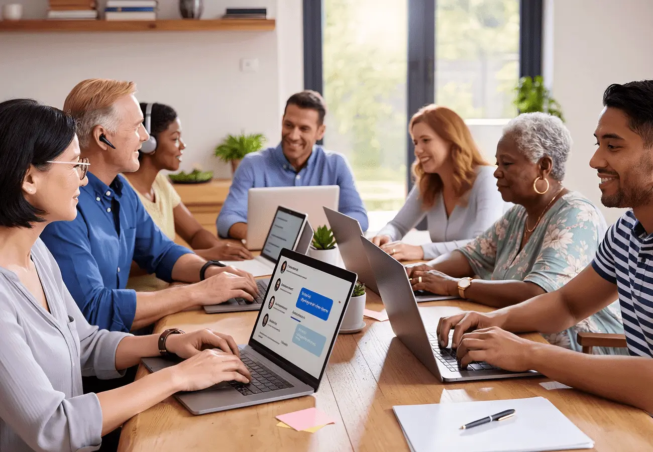 A diverse team collaborating around a table with laptops in a bright office
