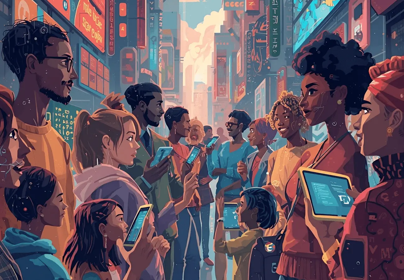 Diverse crowd interacting in a vibrant urban street scene
