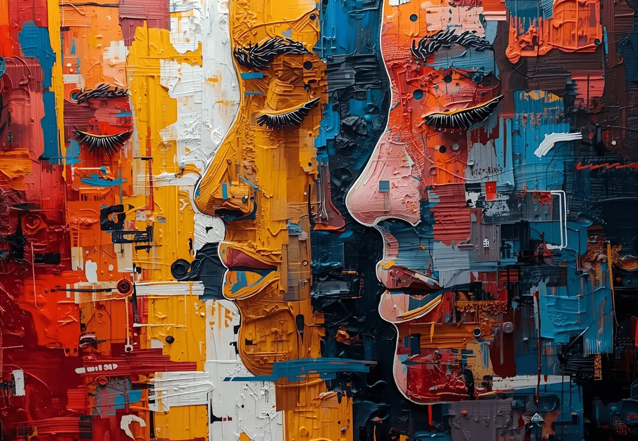 Three layered profile faces in vivid paint.
